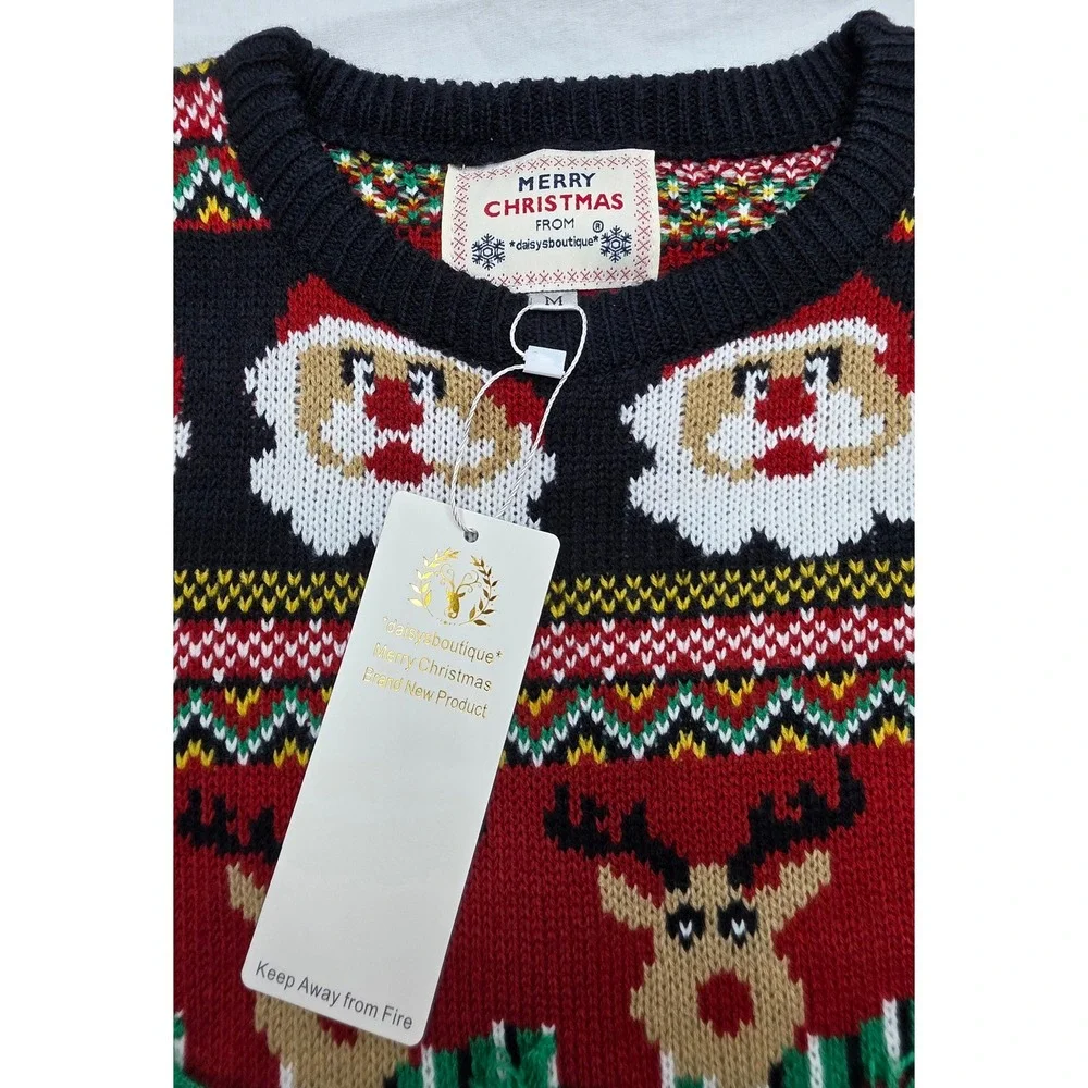 Daisys Boutique Santa Reindeer Ugly Christmas Sweater Black Red Mens Medium NWT